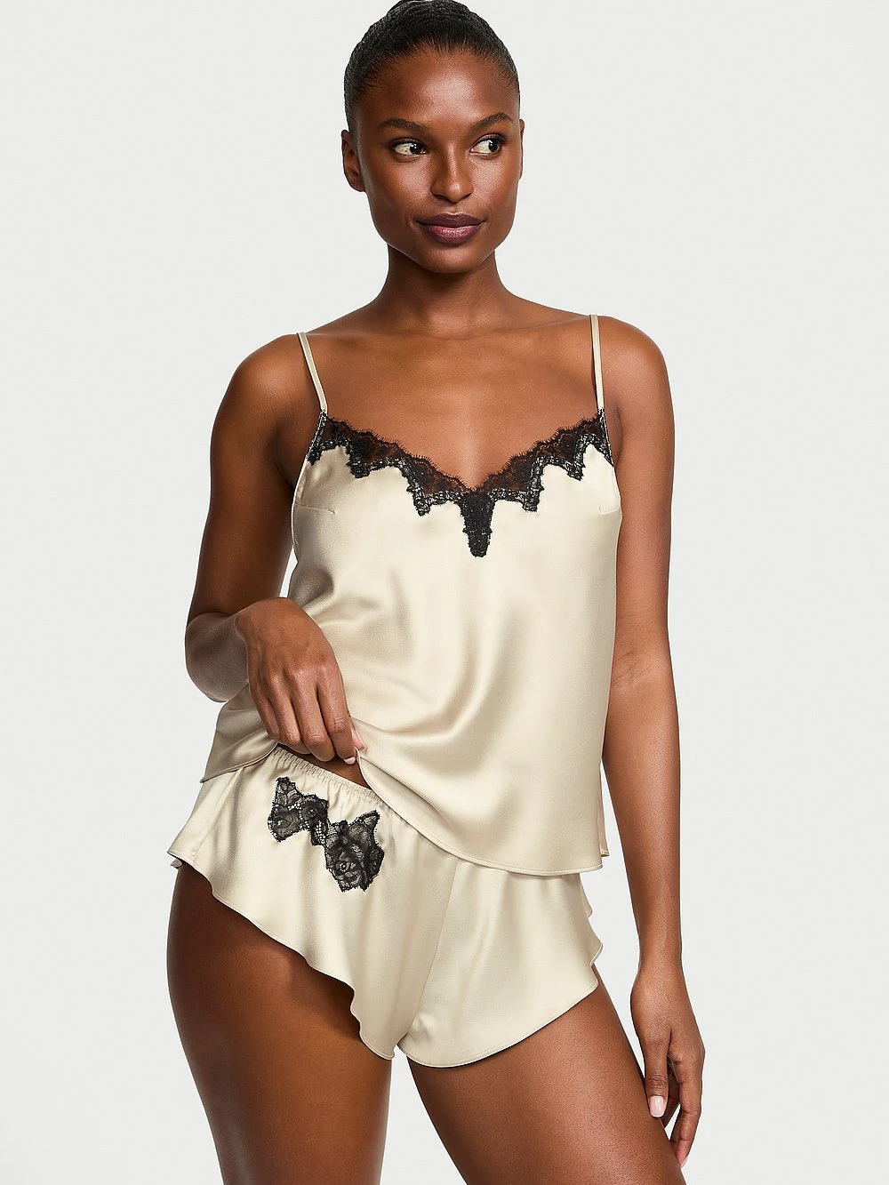 Victoria's Secret Satin Rose Lace-Trim Cami & Flutter Short Set 3 Victoria's Secret Satin Rose Lace-Trim Cami & Flutter Short Set