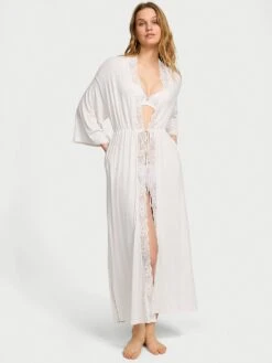 Victoria's Secret Ribbed Modal Lace-Trim Long Robe -Sexy Underwear Shop 1126264434Y5 OM F