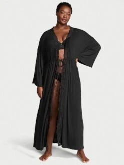 Victoria's Secret Ribbed Modal Lace-Trim Long Robe -Sexy Underwear Shop 1126264454A2 OM F