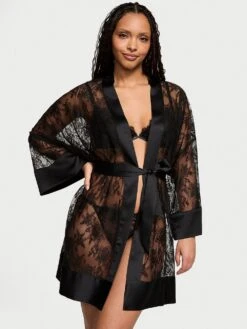 Victoria's Secret Rose Lace Satin-Trim Short Robe -Sexy Underwear Shop 1126277354A2 OM F