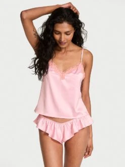 Victoria's Secret Tease Satin Lace-Trim Cami & Flutter Shorts Set 22 Victoria's Secret Tease Satin Lace-Trim Cami & Flutter Shorts Set -Sexy Underwear Shop 112650577BKC OM F