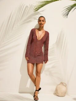 Beachwear Crochet Metallic Long-Sleeve Mini Dress -Sexy Underwear Shop 112653197BOC OM S